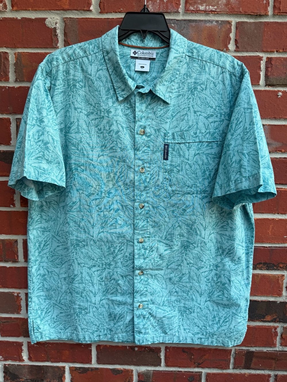 Columbia Super Slack Tide L Teal Leaf-Print Short-Sleeve Button-Down Shirt P6